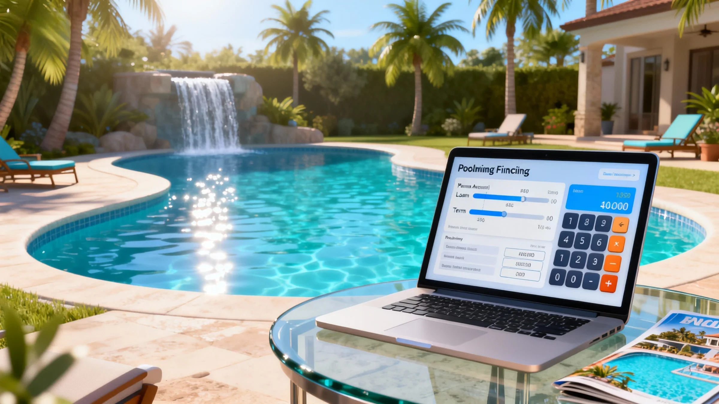 Pool loan calculator interface on a laptop
