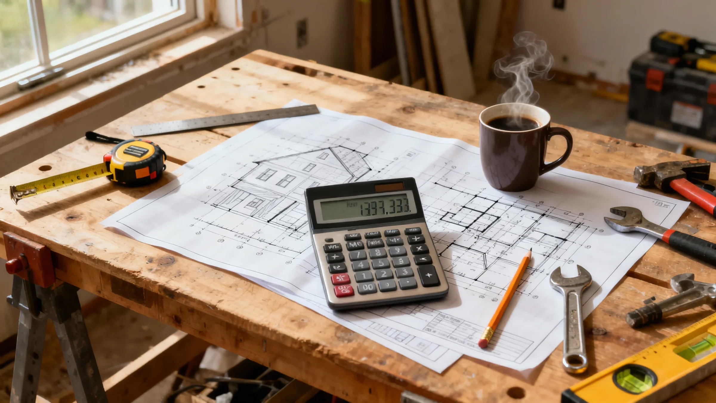 Blueprints, calculator, and renovation tools
